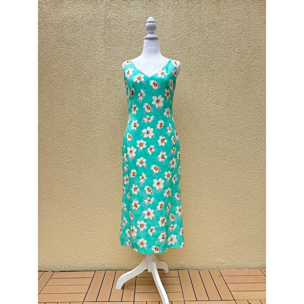 Escada Sleeveless Floral turquoise Silk Slip summer Dress